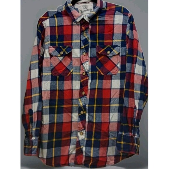 Roebuck & Co Red Blue Plaid Flannel Shirt Men's L Cotton Pockets Lumberjack Vibe - Picture 1 of 7